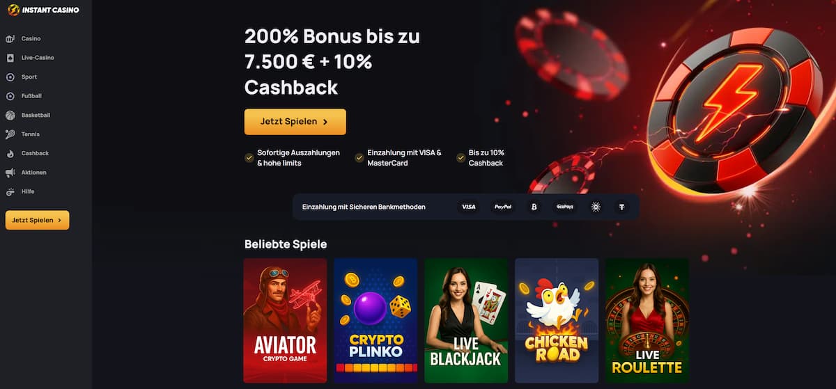 Instant Casino gilt als eines der besten Krypto-Casinos für die Schweiz und punktet mit sofortigen Auszahlungen, hohen Limits und einem 200 % Bonus bis 7.500 €. Besonders hervorzuheben sind die Casino Originals wie Plinko, Mines und Crash sowie ein starkes Live Casino, während eine explizite CHF-Anzeige und ein Bonus ohne Einzahlung fehlen.